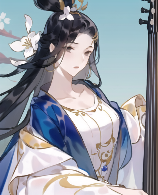 00775-3876238664-,1girl, black hair, long hair, instrument, solo, flower, hair ornament, dress, earrings, jewelry, long sleeves, chinese clothes.png